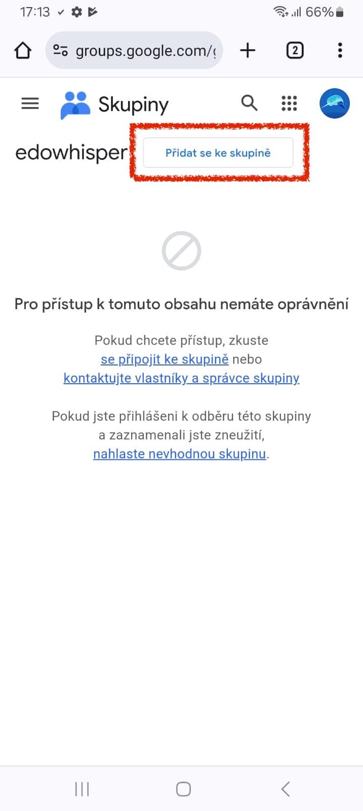 Google Skupiny — tlačítko Přidat se ke skupině
