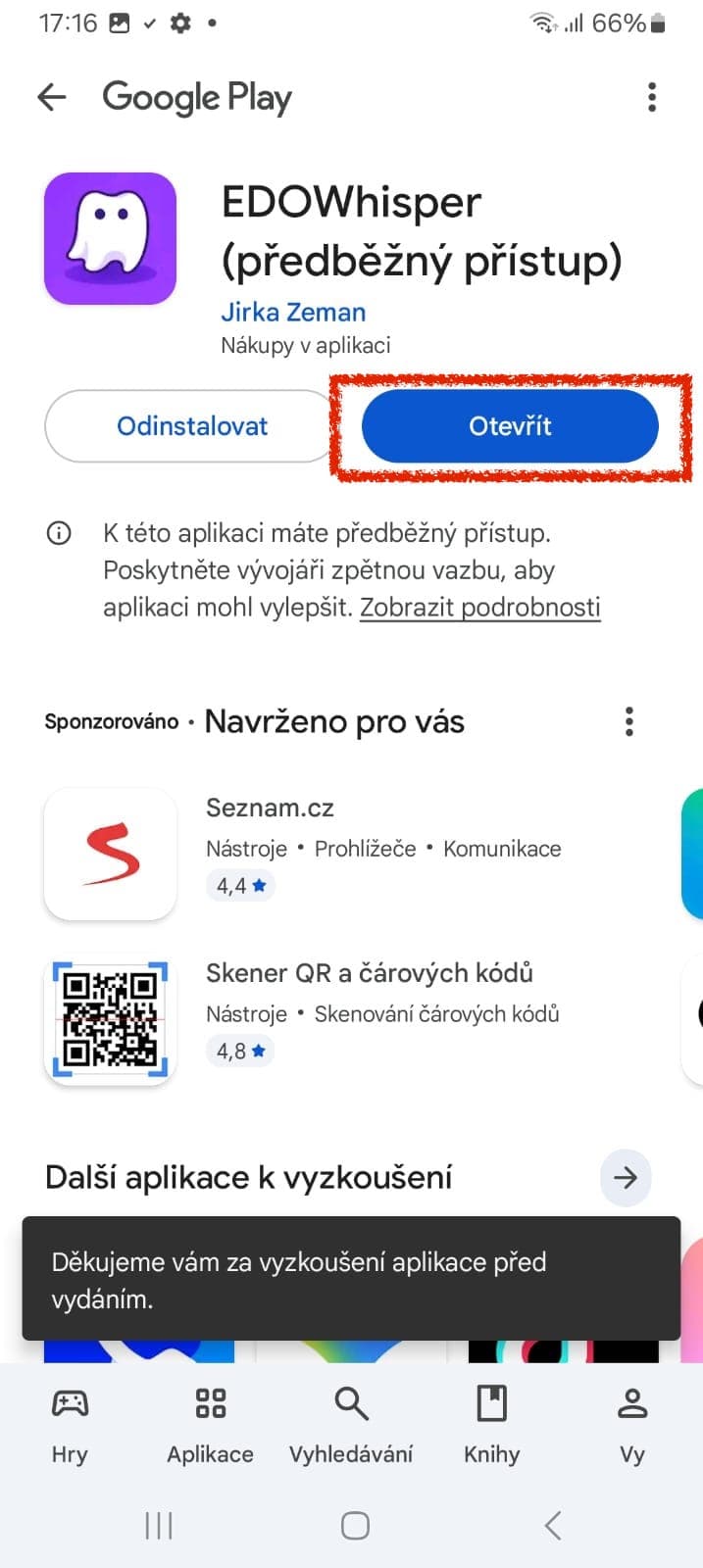 Tlačítko Otevřít po instalaci